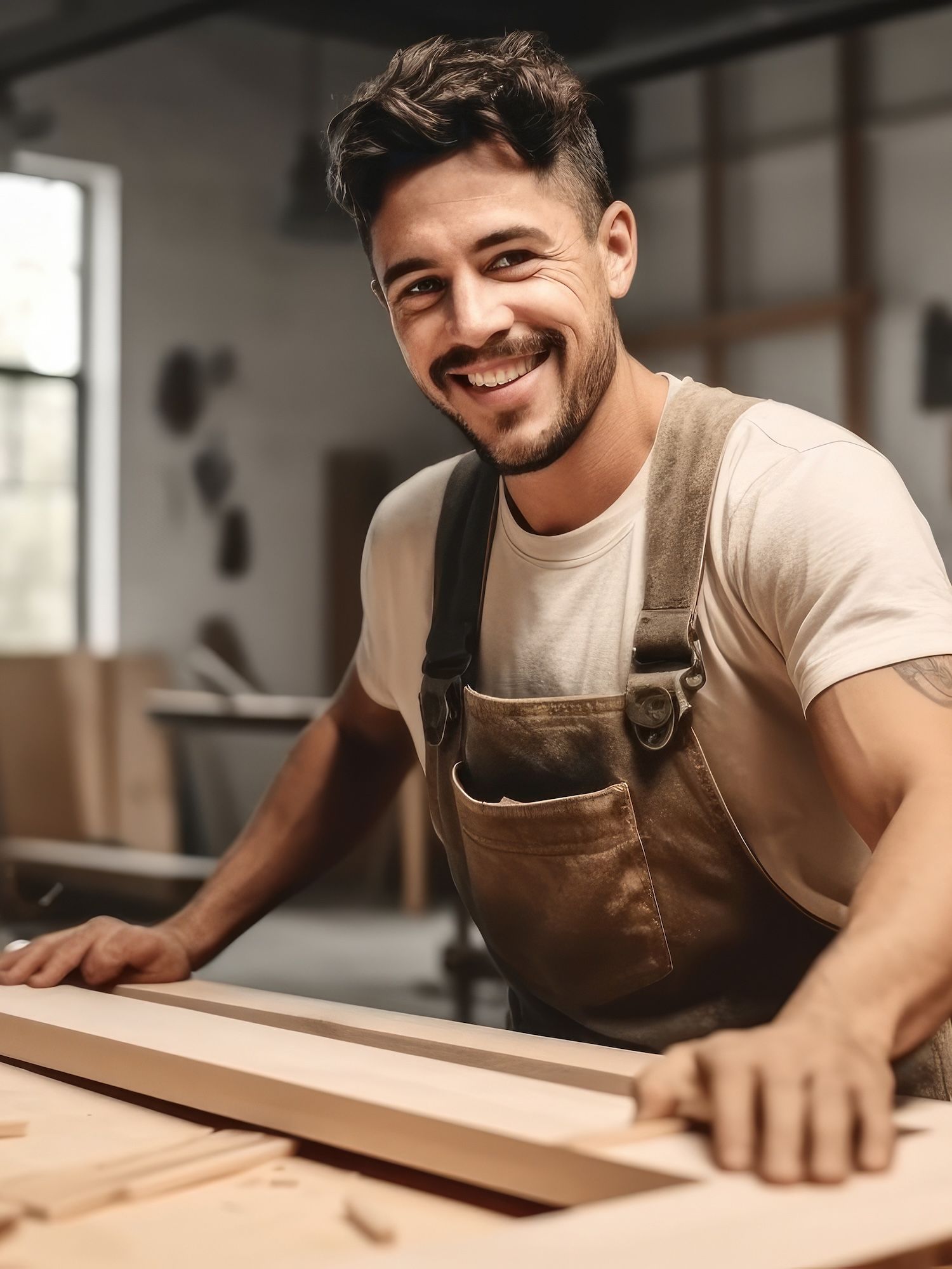 A smiling woodworker in an apron stands at a workbench with timber boards.