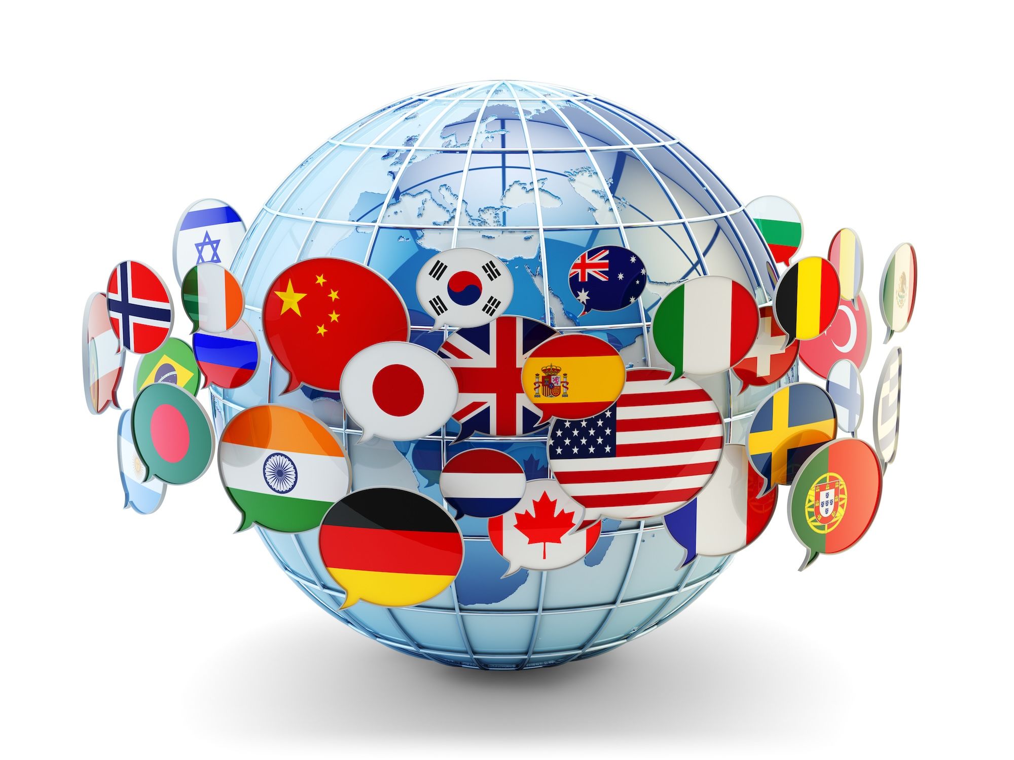 A globe encircled by colorful national flag symbols.