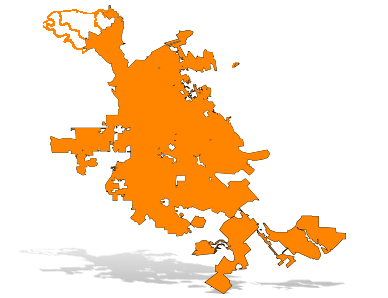 Orange silhouette map of San Jose with a drop shadow.