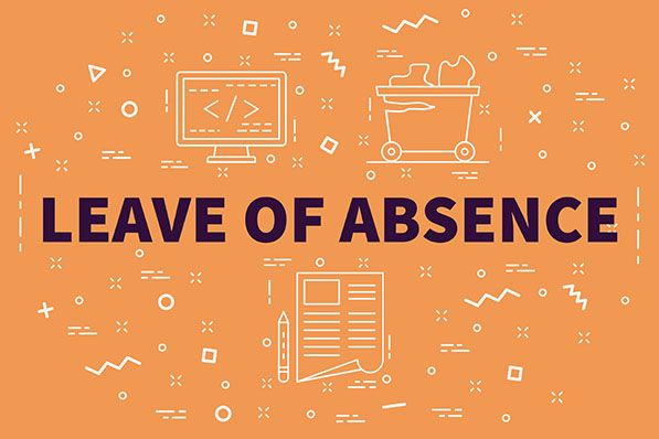 LEAVE OF ABSENCE text on an orange background surrounded by white office-themed line drawings.