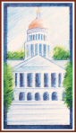 Narrow framed watercolor illustration of the California Capitol building.