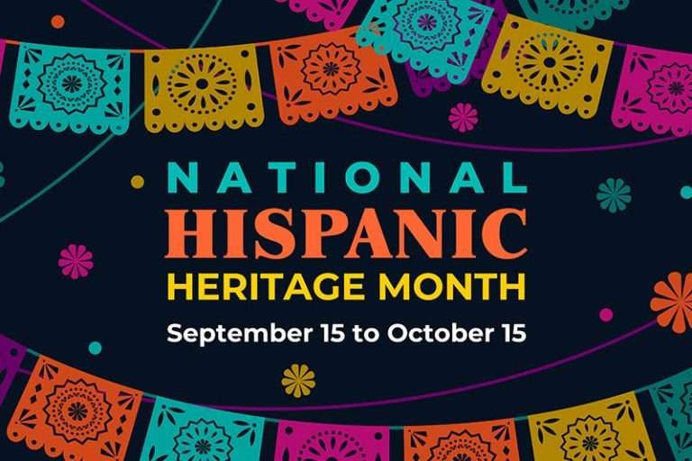 National Hispanic Heritage Month graphic, September 15 to October 15, bordered by colorful papel picado banners.