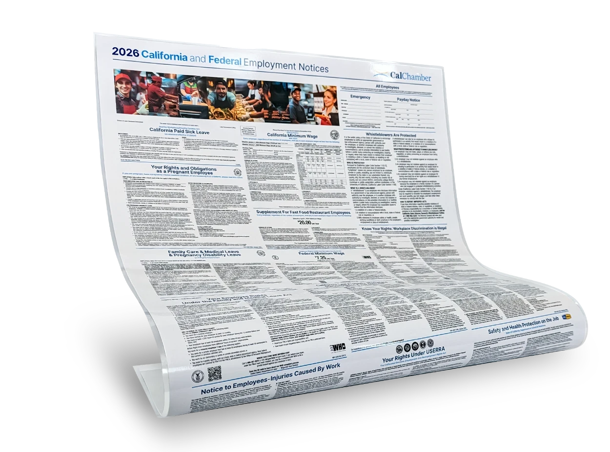 A curled 2026 California and Federal Employment Notices poster with food-service worker photos.