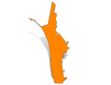 Orange silhouette map of Half Moon Bay with a gray drop shadow.
