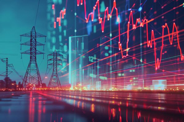 Electricity pylons and power lines overlaid with glowing financial charts.