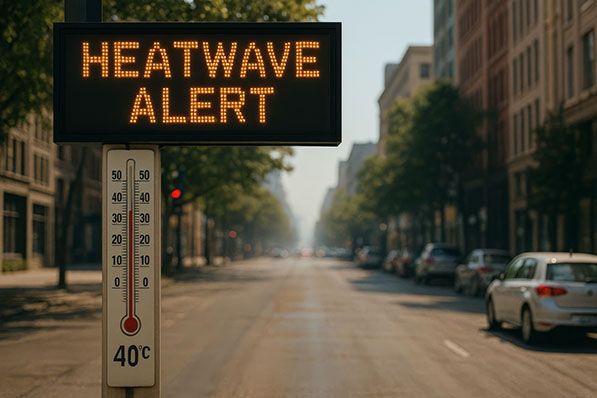 An electronic HEATWAVE ALERT sign and a thermometer marked 40°C stand on a city street.