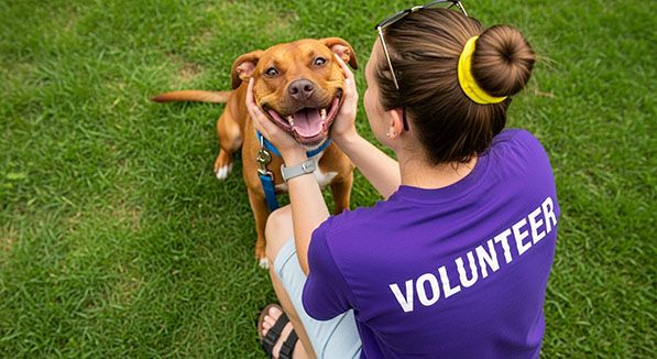 A volunteer pets a happy brown dog on grass.
