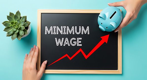 Blackboard with "MINIMUM WAGE" and an upward red arrow, a hand holds a blue piggy bank.
