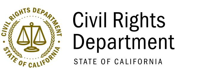 California Civil Rights Department logo with gold scales seal and State of California text.