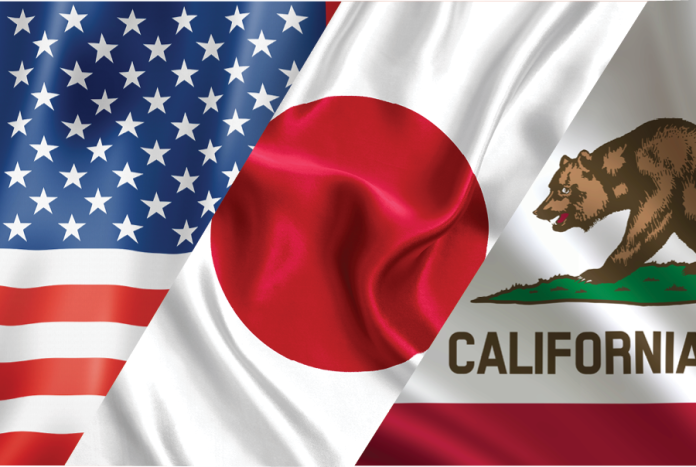 United States, Japan and California flags overlap in a diagonal arrangement.