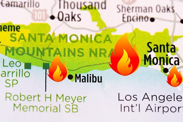 Flame icons mark locations near Malibu and Santa Monica on a Southern California map.