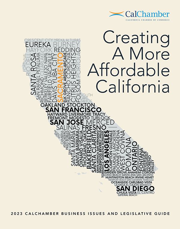 Creating a More Affordable California guide cover with city names forming the shape of California.