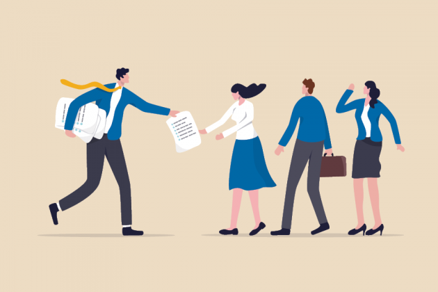 Illustration of office workers passing paperwork, with one person carrying a stack of documents.