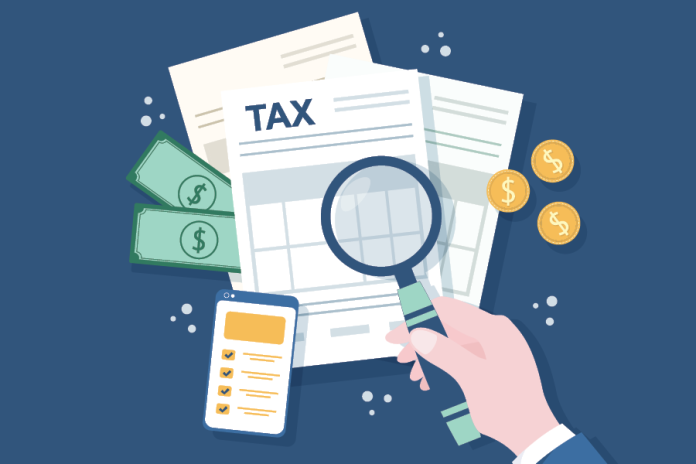 Illustration of a hand examining tax documents with a magnifying glass beside money and a calculator.