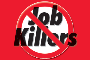 The words Job Killers crossed out by a red prohibition symbol on a red background.