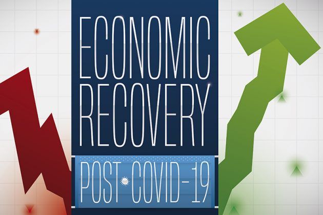 Economic Recovery Post-COVID-19 graphic with a descending red arrow and rising green arrow.