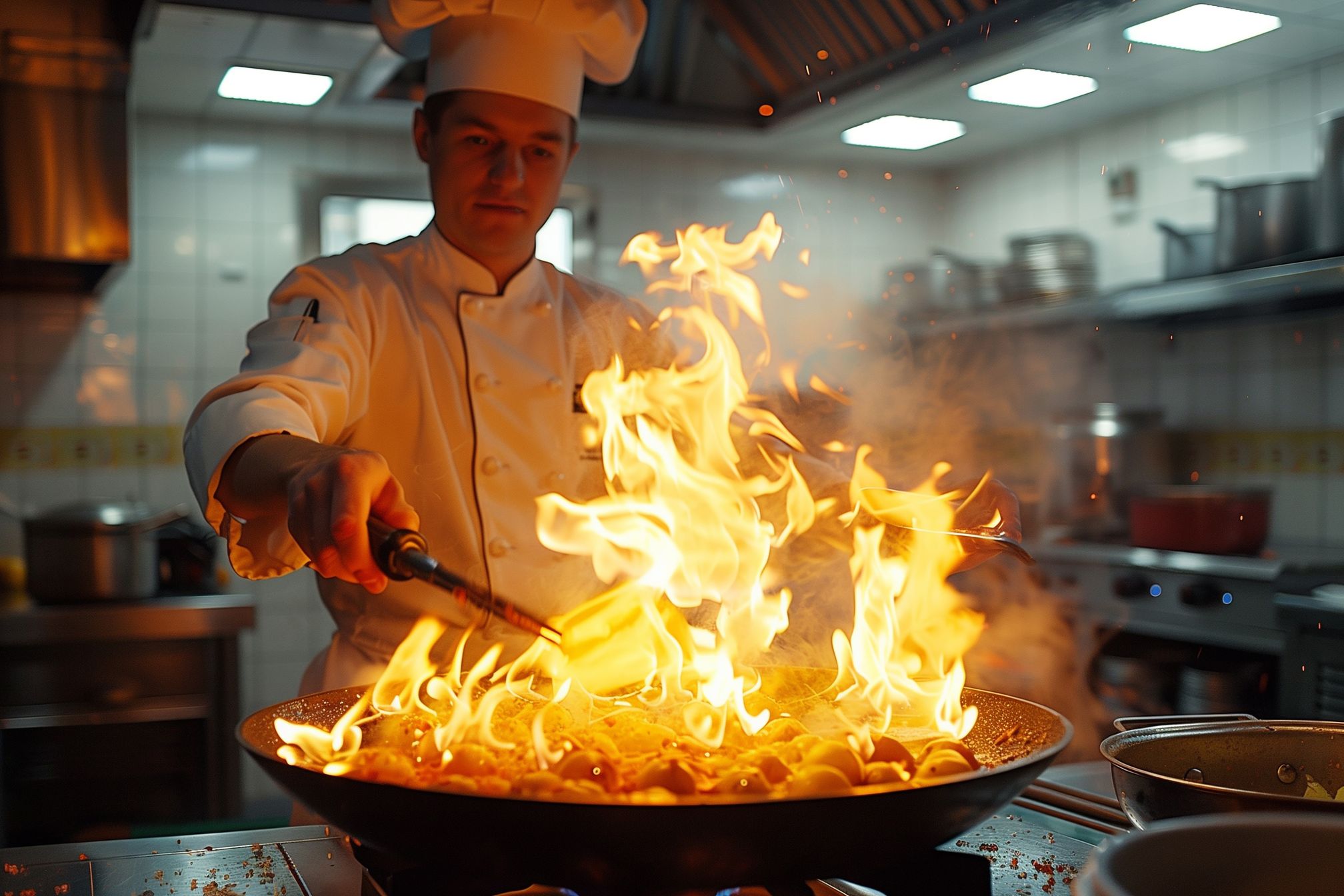 A chef cooks over a large flaming pan in a commercial kitchen.