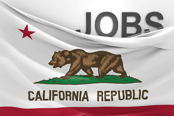 The word JOBS rises behind a rippling California Republic flag.