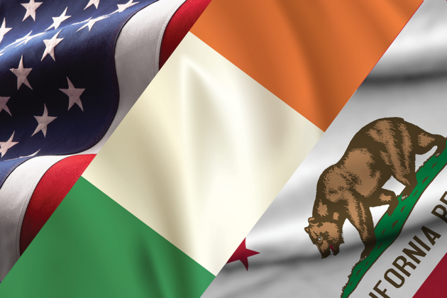 United States, Irish and California flags overlap.