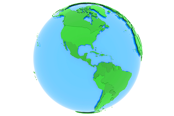 Blue and green globe centered on North and South America against white.