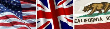 United States, United Kingdom and California flags displayed side by side.