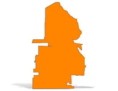 Orange silhouette map of Santa Clara with a drop shadow.