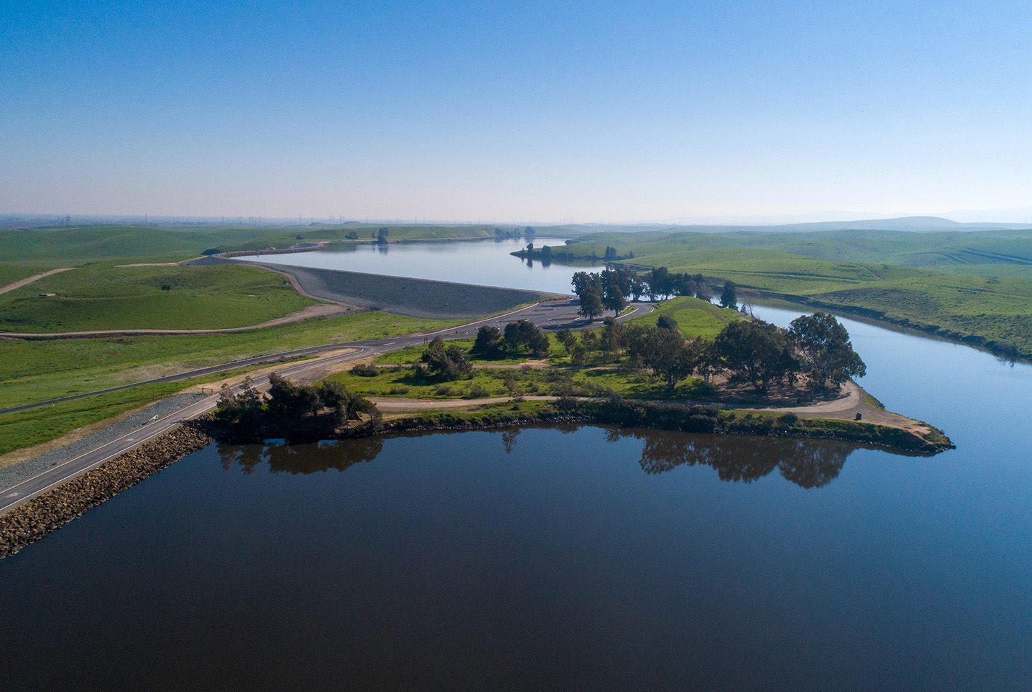 Drone aerial view shows Bethany Dams and Reservoir