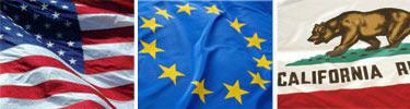 United States, European Union and California flags displayed side by side.