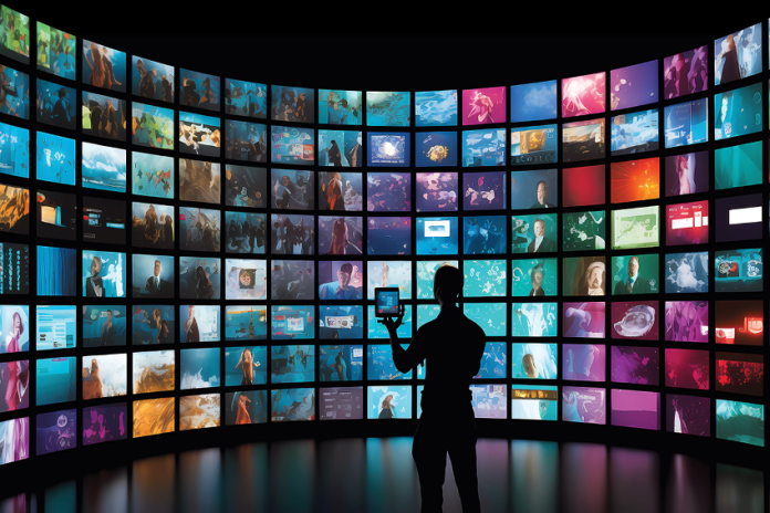 A person’s silhouette stands before a curved wall of colorful video screens.