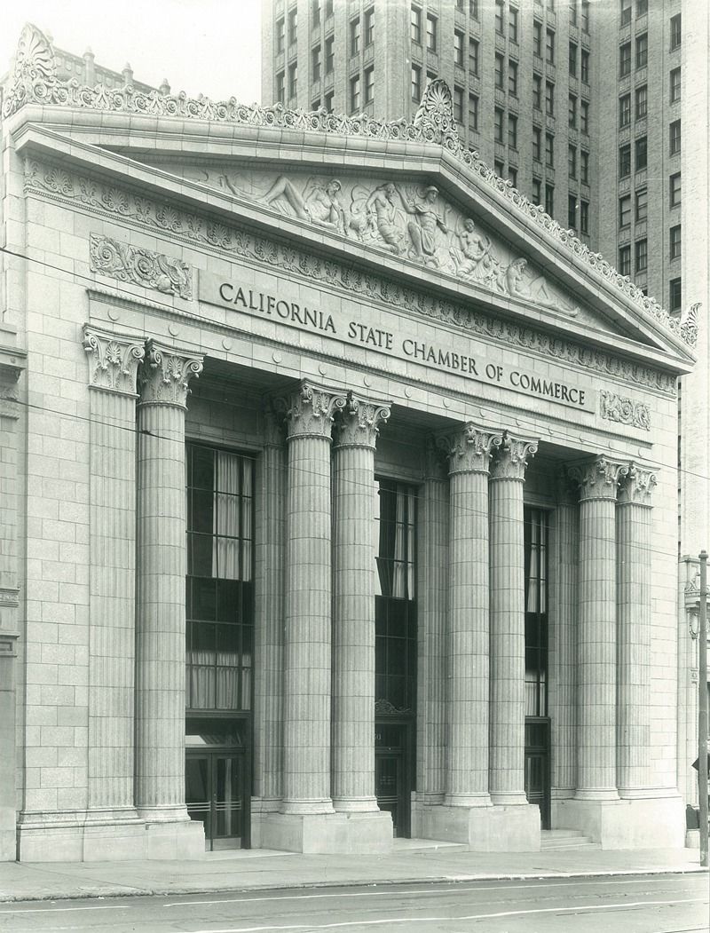 Historic columned facade bearing the words California State Chamber of Commerce.