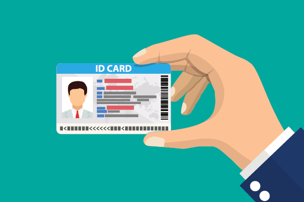 Illustration of a hand holding a photo identification card against a turquoise background.