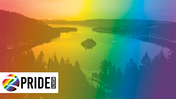 PRIDE MONTH graphic over a lake and forest landscape tinted in rainbow colors.
