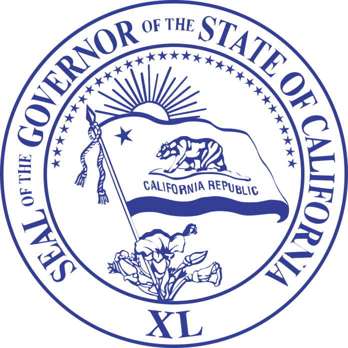 Blue Seal of the Governor of the State of California, with a bear flag and the Roman numeral XL.