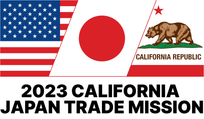 2023 California Japan Trade Mission graphic beneath United States, Japan and California flags.