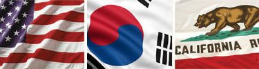 Flags of the USA, South Korea, and California waving.