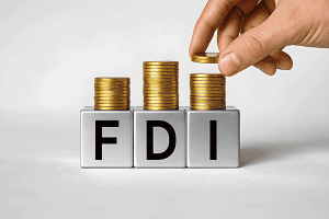 A hand places a coin onto stacks resting on blocks labeled FDI.