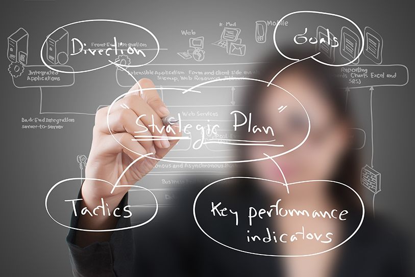 A person draws a strategic plan diagram linking direction, goals, tactics and key performance indicators.