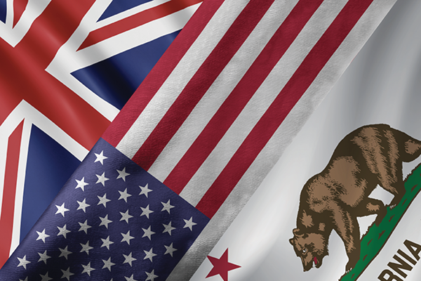 Overlapping United Kingdom, United States and California flags.