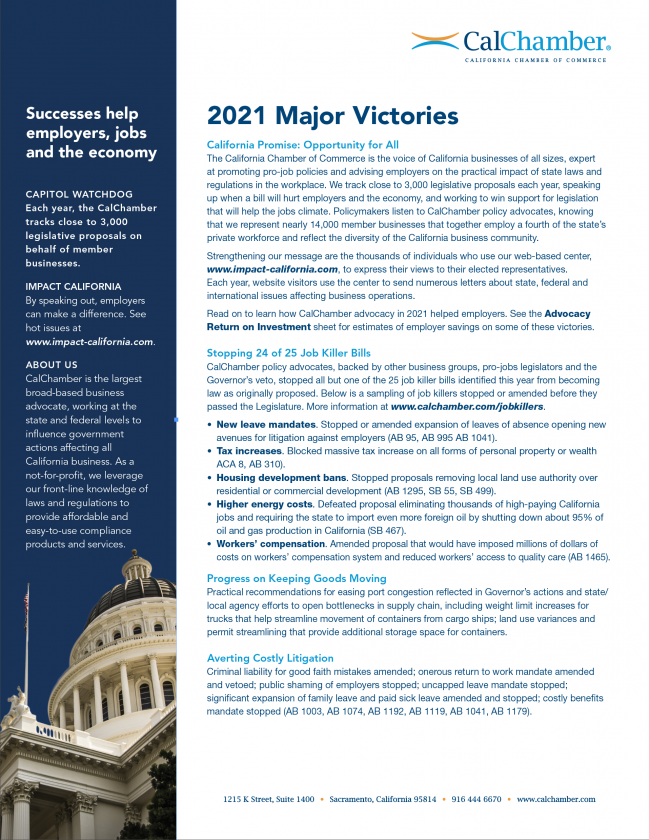 CalChamber document headed '2021 Major Victories' with a sidebar reading 'Successes help employers, jobs and the economy.'