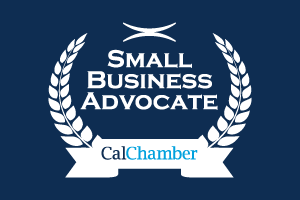 Small Business Advocate CalChamber emblem with white laurel branches on a dark blue background.