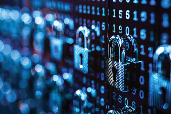 Glowing padlocks appear over rows of blue digital numbers.