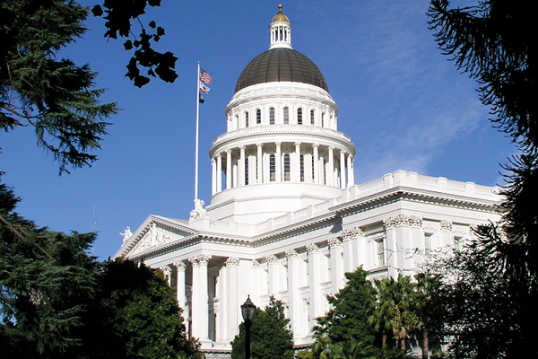 California State Capitol dome and columns framed by trees beneath a blue sky.