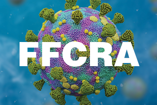 White letters FFCRA over a colorful illustration of a coronavirus particle.