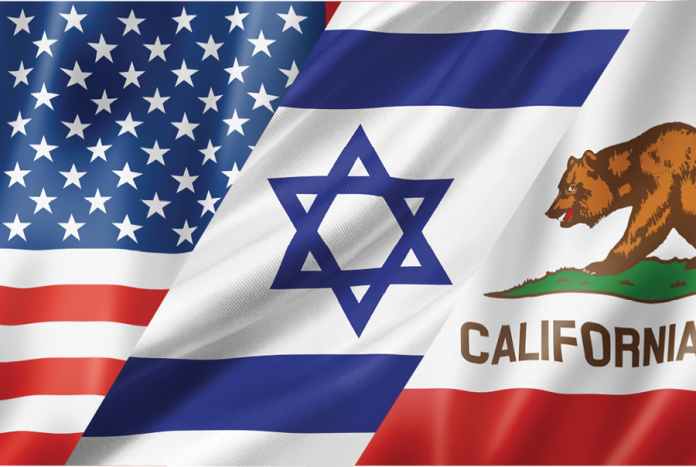 Overlapping United States, Israel and California flags.