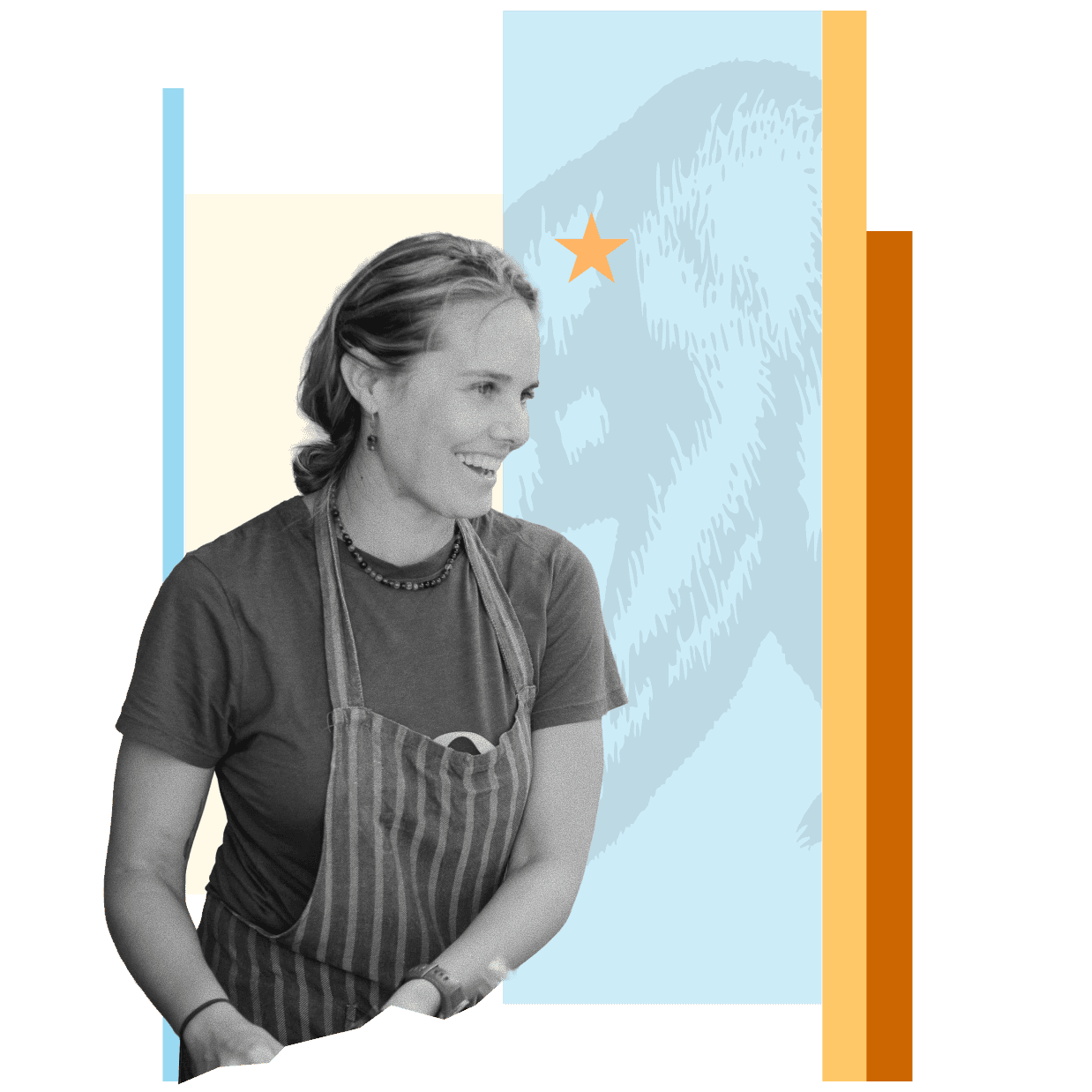 Collage of a smiling woman wearing an apron against pale blue and yellow panels with a California bear motif.