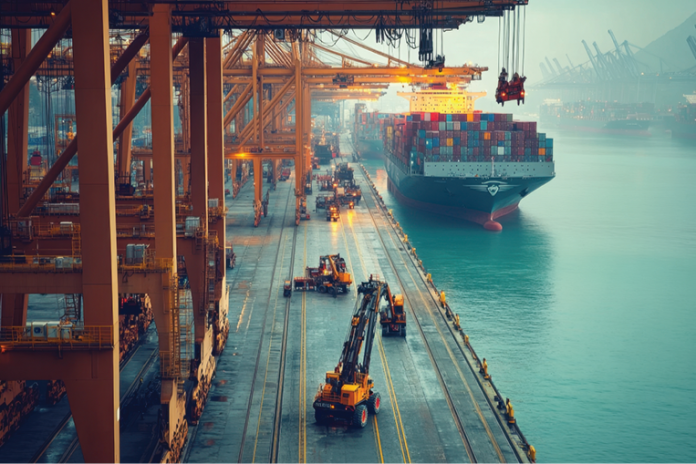 Container ship moored beside cargo cranes and vehicles at a port.