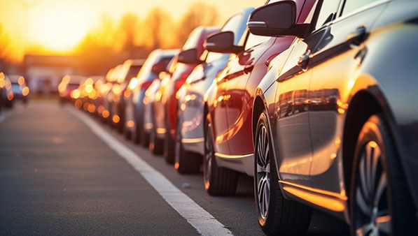 A long line of cars reflects golden sunlight along a road.