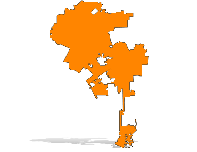 Orange silhouette map of the city of Los Angeles with a drop shadow.
