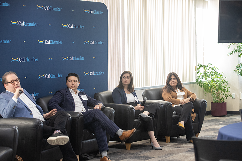 Presenting a CalChamber policy update are (from left) CalChamber Executive Vice President and Chief of Staff for Policy Ben Golombek; Vice President of Advocacy and Strategic Partnerships Adam Regele; Senior Policy Advocate Ashley Hoffman; and Policy Advocate Ronak Daylami.