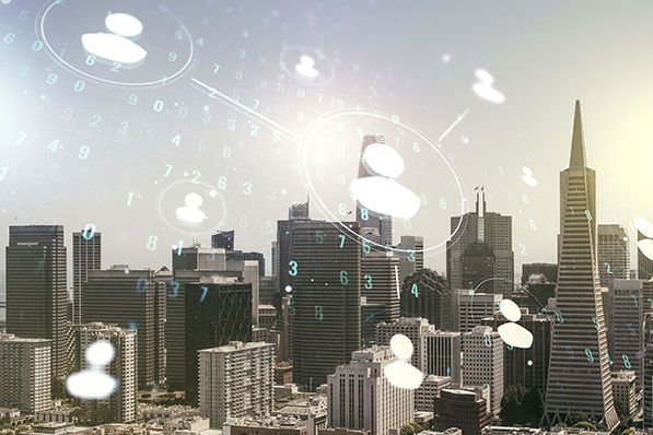 San Francisco skyline overlaid with connected profile icons and digital numbers.
